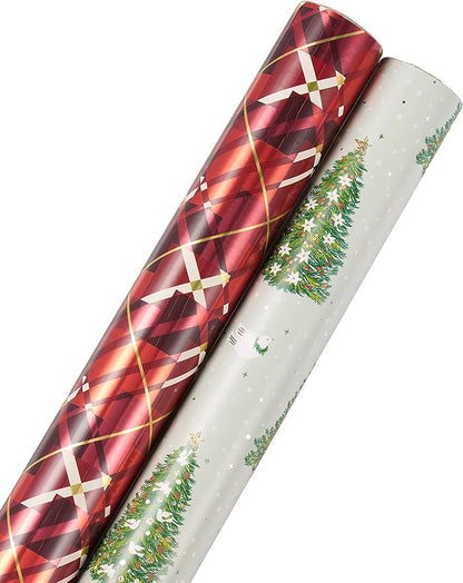 Papyrus Holiday Foil Wrapping Paper, Red Argyle, Pine Trees and Doves (2 Pack), 6392753