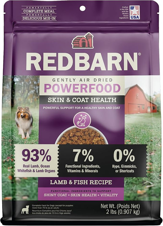 Redbarn Powerfood Air Dried Dog Food for Skin & Coat Health - 93% Lamb, Fish, & Lamb Organs with Omega-3s & 6s - Non-GMO Dry Full Feed or Topper Made in USA - 2lb