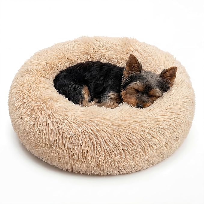 Extra Small Dog Bed 19 Inch,Calming Donut Puppy Bed,Ultra Soft Faux Fur Round Dog Bed for Chihuahua Yorkie Maltese Pomeranian,Light Brown