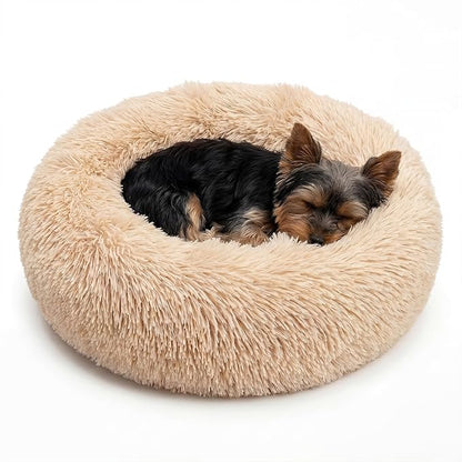 Extra Small Dog Bed 19 Inch,Calming Donut Puppy Bed,Ultra Soft Faux Fur Round Dog Bed for Chihuahua Yorkie Maltese Pomeranian,Light Brown