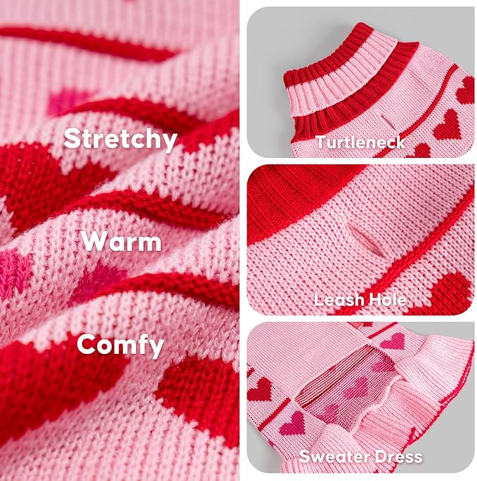 KYEESE Valentines Dog Sweater, Warm Pullover Dog Sweaters for Small Dogs, Soft Turtleneck Small Dogs Sweater, Stretchy Pet Sweaters Dress with Heart Print, Comfy Pet Clothes Coat with Leash Hole, L
