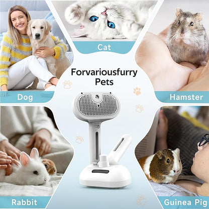 Pet Grooming Brush with Electronic Mist Spray - Gentle Deshedding Tool for Cats & Dogs, Pet Steam Brush，Reduces Shedding, Soft Bristles, Promotes Healthy Coat-Comes with a hair smoothing comb-White
