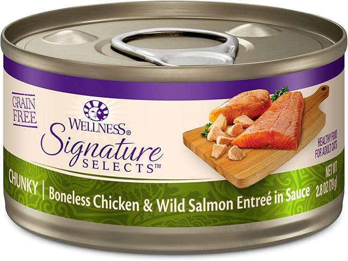 Wellness CORE Signature Selects Chunky Adult Canned Wet Cat Food, Natural, Protein Rich, Grain Free, Chicken and Wild Salmon Entrée Recipe, 2.8 oz, Pack of 12 Cans