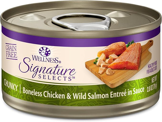 Wellness CORE Signature Selects Chunky Adult Canned Wet Cat Food, Natural, Protein Rich, Grain Free, Chicken and Wild Salmon Entrée Recipe, 2.8 oz, Pack of 12 Cans