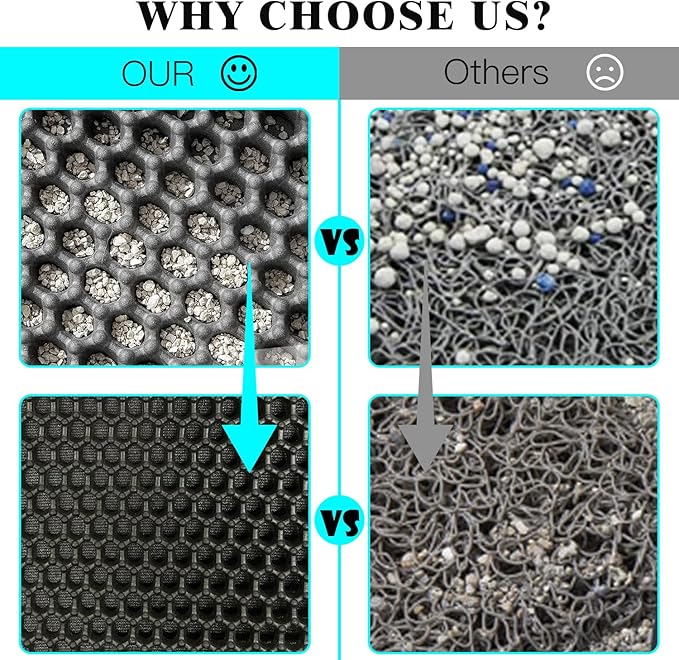 Cat Litter Mat 24x18 Inches, Honeycomb Double Layer Traps Litter & Waterproof Leatherette Bottom Prevents Urine Leaks, Durable & Easy Clean Pet Floor Protector for Cat Litter Box Area（Black）
