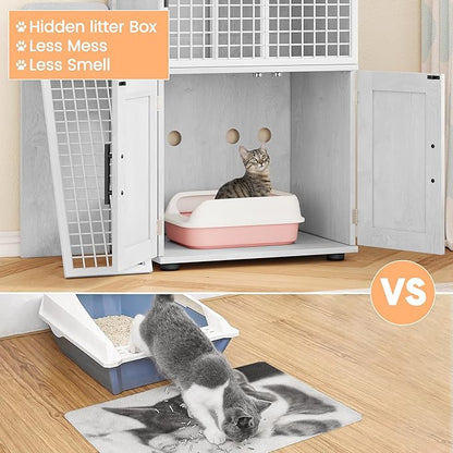 IDEALHOUSE Modern Cat Litter Box Enclosure with Platform, Double Layer Hidden Litter Box, Indoor Washroom, Villa Cat House with Ladder, 33.5" l x 17.9" w x 41.9" h,White