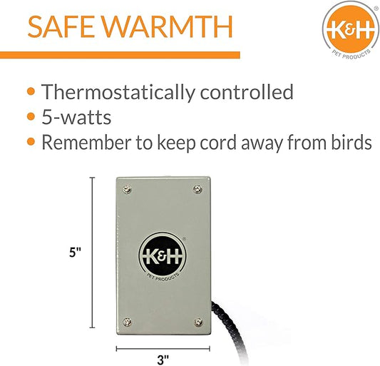 K&H Pet Products Snuggle-Up Bird Cage Heater, Bird Cage Accessory, Exotic Avian Warming Panel for Small Exotics Like Parakeet, Cockatiel, Canary - Small 5 X 3in Gray 12V