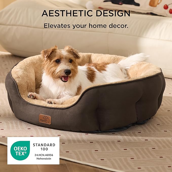 Bedsure Dog Bed for Medium Dogs - Round Washable Medium Pet Bed, Anti-Slip Donut Fluffy Plush Indoor Fur Cat Bed, 28 inches, Brown