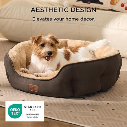 Bedsure Dog Bed for Medium Dogs - Round Washable Medium Pet Bed, Anti-Slip Donut Fluffy Plush Indoor Fur Cat Bed, 28 inches, Brown