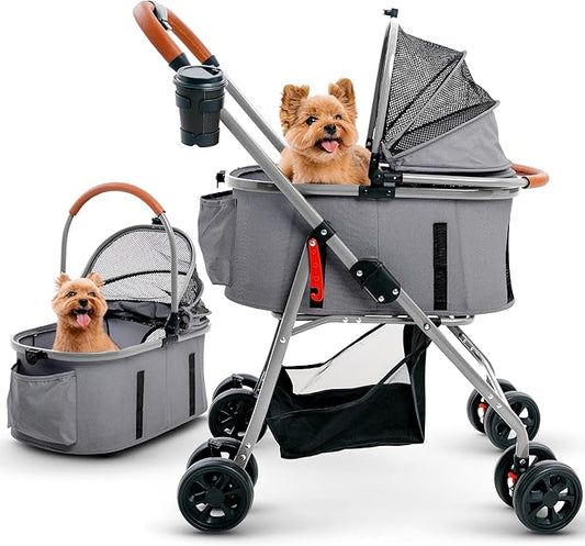 Pet Stroller for Small Medium Dogs & Cats – 2-in-1 Detachable Carrier, Zipperless Entry, Lightweight Folding Travel Stroller with Storage Basket, Cup Holder, Gray
