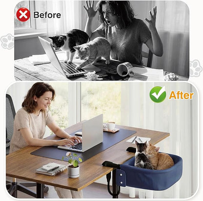 Cat Desk Bed for Large Cats 50 lbs Heavy Duty Cat Bed for Desk Attachment with Paw Design Extra-Sturdy Dog Chair Dual-Sided Mat Waterproof Easy Assembly for Gaming Desk Kitchen Island Blue