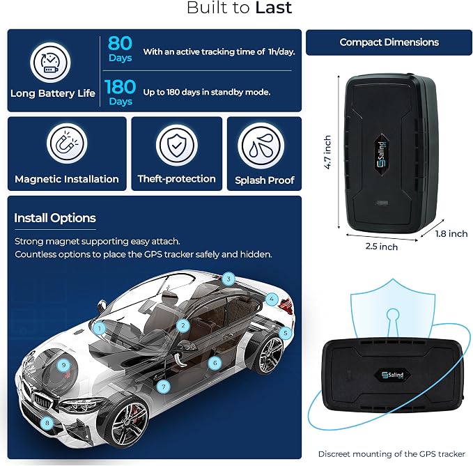 SALIND 4G GPS Tracker for Vehicles, Heavy-Duty Tracking Device for Cars | Up to 180 Days Battery - Real-Time Tracking - Anti-Theft GPS Device with Strong Magnet - Geofence - Subscription Required