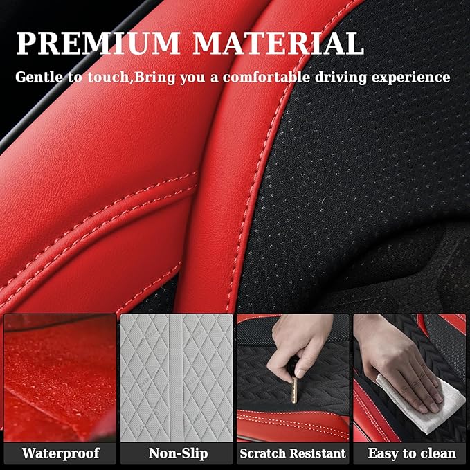 Coverado Seat Covers Full Set, 5 Seats Car Seat Protector, Seat Covers for Cars, Breathable Faux Leather Car Seat Cushion, Seat Cover Universal fit for Most Cars Trucks, Red