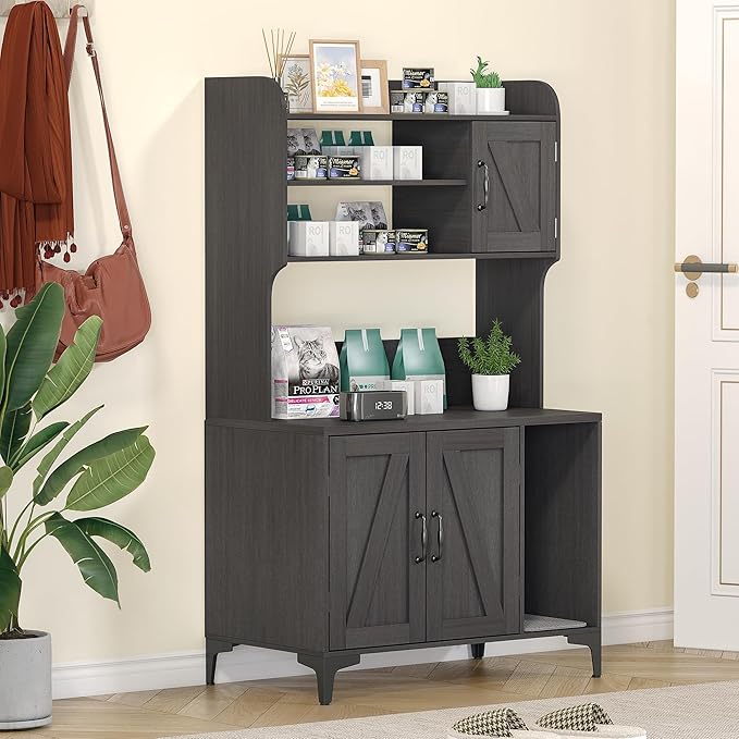 GarveeLife Cat Litter Box Enclosure with Shelves, Litter Box Cabinet, Hidden Cat Box Furniture with Scratching Mat, Wood Sturdy Cat Washroom Storage, Indoor Cat House, Walnut