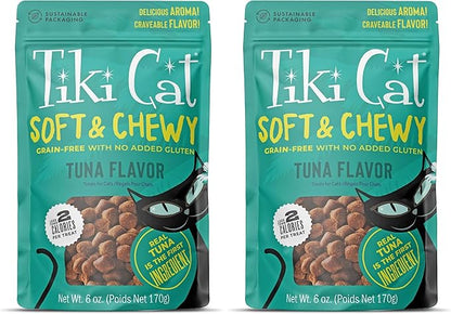 Tiki Cat Soft & Chewy Treats, Tuna Flavor, 3 Calories Per Treat with Grain-Free and No Added Gluten, 6 oz Pouch (Pack of 2)