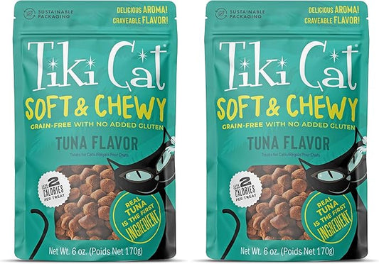 Tiki Cat Soft & Chewy Treats, Tuna Flavor, 3 Calories Per Treat with Grain-Free and No Added Gluten, 6 oz Pouch (Pack of 2)