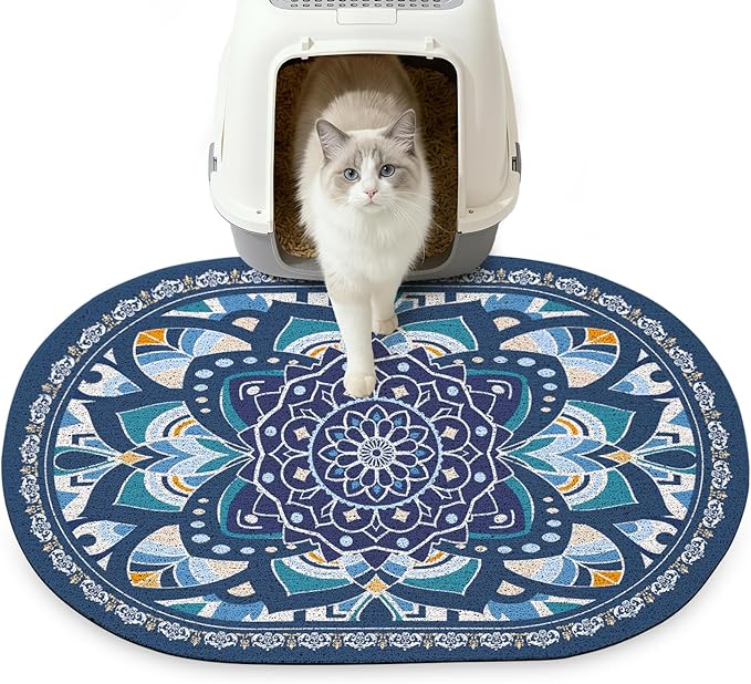 Glittme 24"x15" Cat Litter Mat with Mesh Design - Non-Slip & Waterproof Litter Trapping Pad for Litter Box Protects Floors from Stains Soft Texture for Pets,Navy