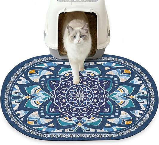 Glittme 24"x15" Cat Litter Mat with Mesh Design - Non-Slip & Waterproof Litter Trapping Pad for Litter Box Protects Floors from Stains Soft Texture for Pets,Navy