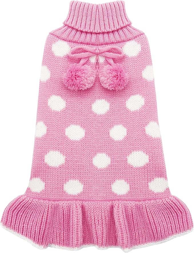 KYEESE Valentines Dog Sweater Dress, Warm Dog Sweaters for Small Dogs Girl Dogs Clothes, Pullover Cozy Knit Pet Apparel with Leash Hole, Pink Dot, L