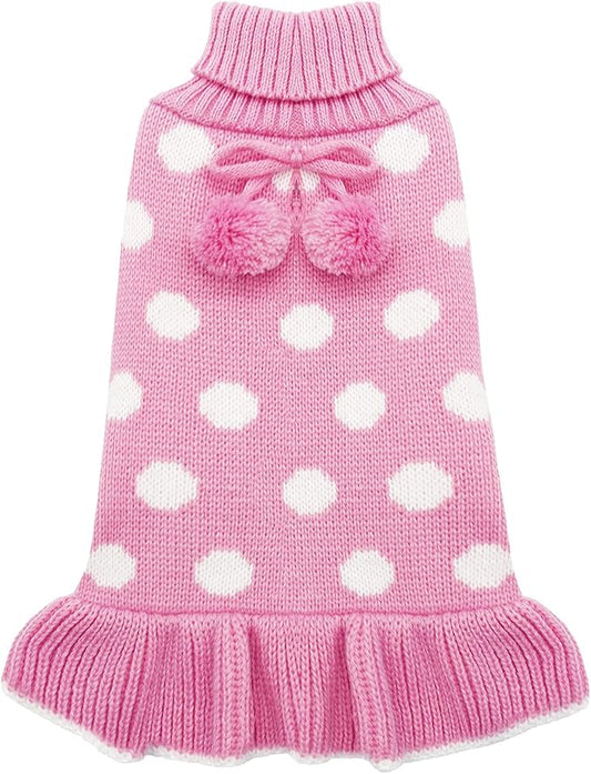 KYEESE Valentines Dog Sweater Dress, Warm Dog Sweaters for Small Dogs Girl Dogs Clothes, Pullover Cozy Knit Pet Apparel with Leash Hole, Pink Dot, L