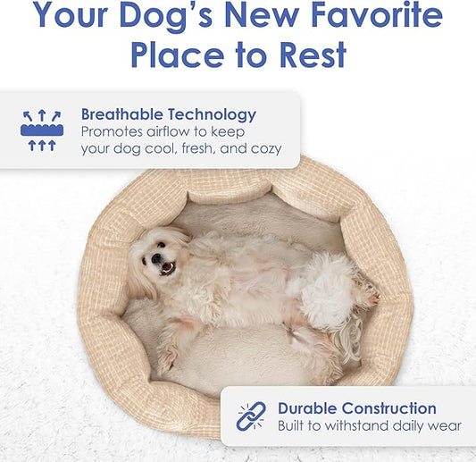 American Kennel Club 26" Clamshell Cuddler Dog Bed - Plush Popcorn Texture, Washable, Non-Slip, for Medium & Large Dogs