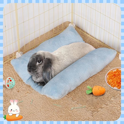 MEWTOGO 15.7" x 14" Bunny Bed for Rabbit Cage - Thickened Soft Prevent Sore Hocks Plush Mat with Cotton Lounger Pillows, Small Animal Flop Mat for Hutch Sleeping Indoor, Light Blue