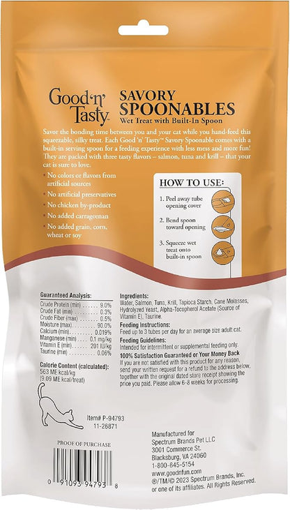 Good 'N' Tasty Savory Spoonables with Real Salmon, Tuna & Krill, 10 Count Tube, Triple Flavor Squeezable Lickable Wet Treats for Cats with Built-in Spoon for Less Mess