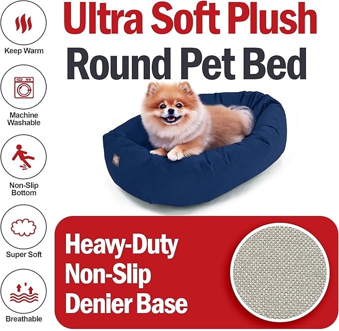 Majestic Pet Suede Shredded Memory Foam Mix Calming Dog Bed Washable - Cozy Soft Round Dog Bed with Spine for Head Support - Fluffy Donut Dog Bed, 24 Inch, Navy
