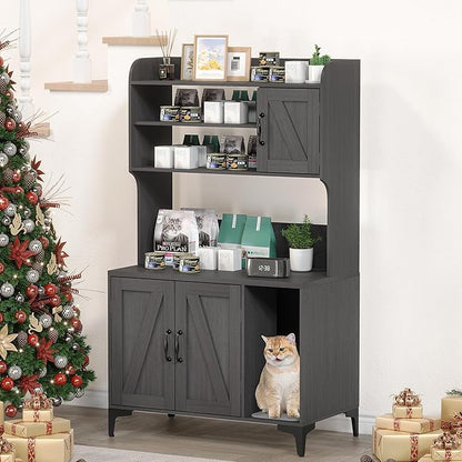 GarveeLife Cat Litter Box Enclosure with Shelves, Litter Box Cabinet, Hidden Cat Box Furniture with Scratching Mat, Wood Sturdy Cat Washroom Storage, Indoor Cat House, Walnut