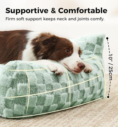 Made4Pets Cat and Dog Indoor Couch Bed, Soft Faux Fur Checkered Pet Sofa, Cozy Fluffy Pet Sofa with Supportive Foam, Removable Washable Cover with Non-Slip Base, Sage Green, Medium