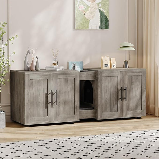 GAOMON Litter Box Enclosure with Double Cage, Cat House,Hidden Litter Box Enclosure Furniture for 2 Cats, Wooden Enclosed Cat Litter Box Furniture,55”L x 17.7”W x 22.5”H, Grey