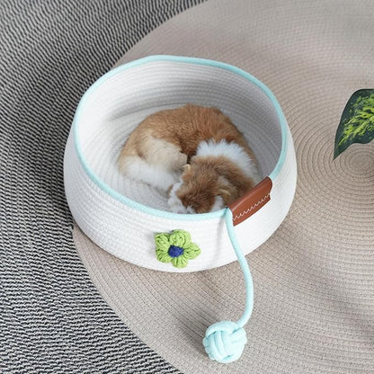 Natural Cat Bed Cotton Rope Woven for All Seasons Cat Nest Basket Washable,Cute Green Flower Decor,Cozy Kitten Mat Scratcher Round Shape for Indoor(White)