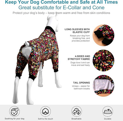 LovinPet Pet Pajamas for Pit Bulls, Full Coverage Dog Pjs with Black Trim, Decoupage Ink Print, Post Surgery Shirt, UV Protection, Pet Anxiety Relief Shirt, Large Dog Jammies, Pitbull Clothes, M