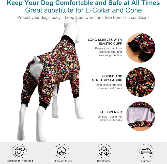 LovinPet Pet Pajamas for Pit Bulls, Full Coverage Dog Pjs with Black Trim, Decoupage Ink Print, Post Surgery Shirt, UV Protection, Pet Anxiety Relief Shirt, Large Dog Jammies, Pitbull Clothes, 2XL