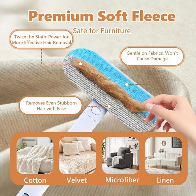 Tiiyee Pet Hair Remover for Furniture, 17in Dog and Cat Hair Removal Brush | 4 in 1 Reusable Washable Lint Cleaner with Long Handle Cleaning for Couch, Carpet, Clothes & Bedding Car Seats Window Tile