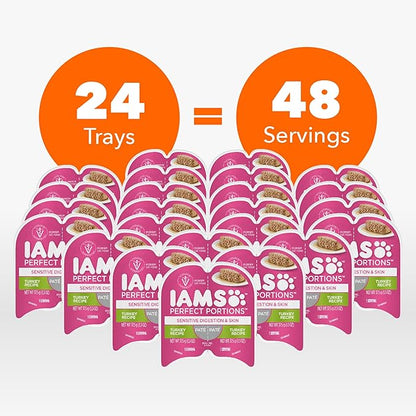 IAMS Perfect Portions Sensitive Digestion & Skin Wet Cat Food Pate, Adult Grain Free Pate, Turkey Recipes, (24) 2.6 oz. Twin-Pack Trays