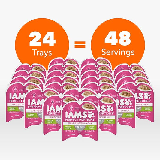 IAMS Perfect Portions Sensitive Digestion & Skin Adult Wet Cat Food Pate, Turkey Recipe, 2.6 oz. Easy Peel Twin-Pack Trays (24 Count, 48 Servings) (Pack of 2)
