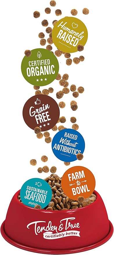 Red bowl filled with dog food, surrounded by various certification labels, on a white background.