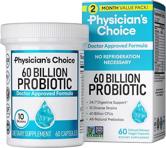 Physician's CHOICE Probiotics 60 Billion CFU - 10 Strains + Organic Prebiotics - Immune, Digestive & Gut Health - Supports Occasional Constipation, Diarrhea, Gas & Bloating - for Women & Men - 60ct