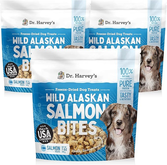 Dr. Harvey's Wild Alaskan Salmon Bites - Freeze Dried Dog Training Treats with Salmon Meat for Dogs - 7 Ounces (Pack of 3)