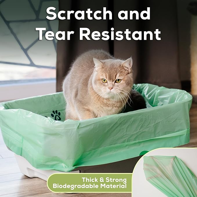 Cat Litter Box Liners 100% Compostable - Drawstring Close - 20 Count - Jumbo Size 36" x 19" - Tear & Leak Resistant - OK Compost Home Certified