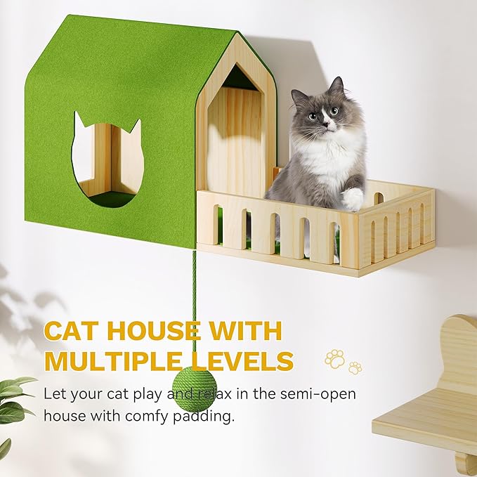 YITAHOME Cat Wall Shelves, Solid Wood Wall Mounted Cat Furniture with Green Wall House and Fence, Steps, Scratching Posts
