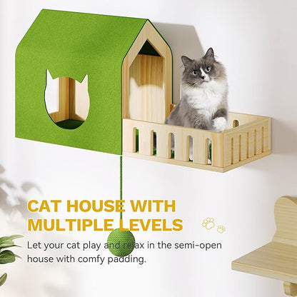 YITAHOME Cat Wall Shelves, Solid Wood Wall Mounted Cat Furniture with Green Wall House and Fence, Steps, Scratching Posts