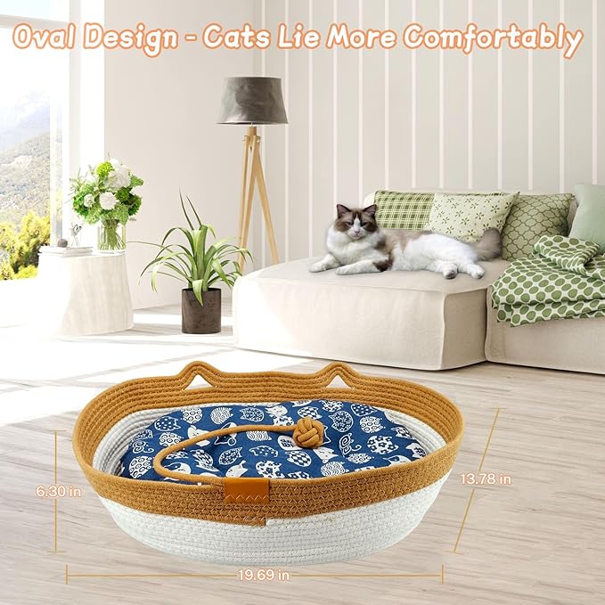 Pet Beds for Cats, Cat Beds for Indoor Cats 19.69"×13.78"×6.30",Cotton Rope Oval Cat Bed for All Seasons (with Cooler Straw Mat and Cotton Mat Both), Suitable for Cats＆Dogs (Brown, Small)