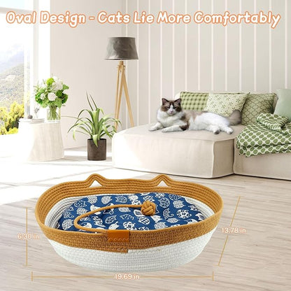 Pet Beds for Cats, Cat Beds for Indoor Cats 19.69"×13.78"×6.30",Cotton Rope Oval Cat Bed for All Seasons (with Cooler Straw Mat and Cotton Mat Both), Suitable for Cats＆Dogs (Brown, Small)
