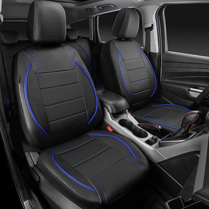 CAR PASS Universal FIT Piping Leather Car Seat Cover, for suvs,Van,Trucks,Airbag Compatible,Inside Zipper Design and Reserved Opening Holes (Full Set, Black and Blue)