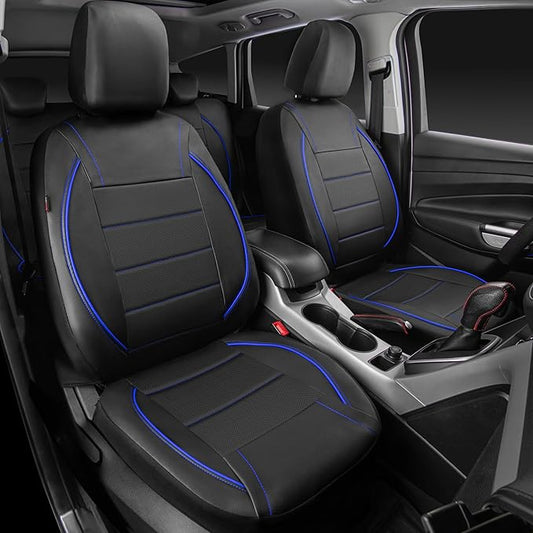 CAR PASS Universal FIT Piping Leather Car Seat Cover, for suvs,Van,Trucks,Airbag Compatible,Inside Zipper Design and Reserved Opening Holes (Full Set, Black and Blue)