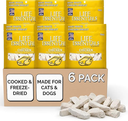 Life Essentials by Cat-Man-Doo Freeze Dried Chicken Dog & Cat Treats, Healthy Single Ingredient Training Treats for Dogs, Puppies & Cats, Made with Real Chicken – 5 oz (6 Pack)