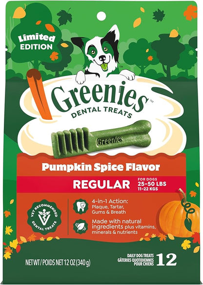 Greenies Veterinarian-Recommended, Limited-Edition Natural Dental Dog Treats Regular Size, Pumpkin Spice Flavor, 12 oz. Pack, 12 Count