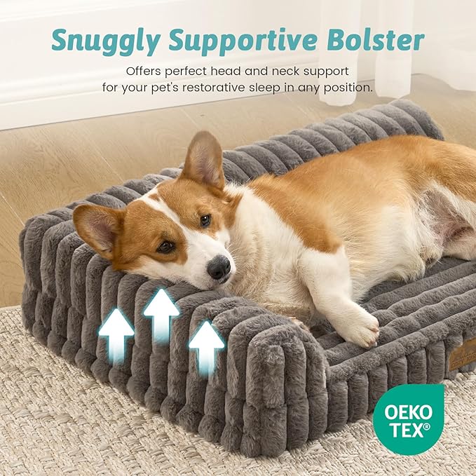COZY KISS Cute Dog Bed, Faux Rabbit Fur Orthopedic Foam Dog Bed with Sides, Removable Washable Cover & Waterproof Lining, Comfortable Pet Couch for Medium Dogs, Grey (36" L x 27" W x 6.5" Th)